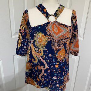 S Entro Top with Navy and Orange Print, Cold Shoulder, Gold Ring at Neck/Back